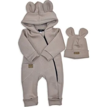 Dětský overall Oteplený dětský overal bez šlapek s kapucí + čepička, 2D, Kazum, cappuccino Velikost: 62 (2-3m)
