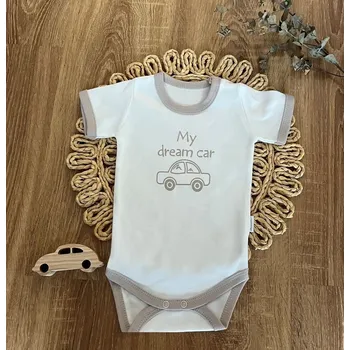 Kojenecké body, kr. rukáv Mamatti, zap. u krku, Dream Car - bílé/šedý lem Velikost: 74 (6-9m)