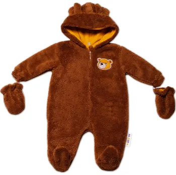 Kojenecký overall Baby Nellys Chlupáčkový overal Luna s kapucí + rukavičky, Medvídek, hnědý Velikost: 68 (3-6m)