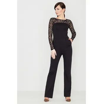 Dámský overall Elegantní overal s krajkovými rukávy K324 LENITIF Barva: Černá, Velikost: S