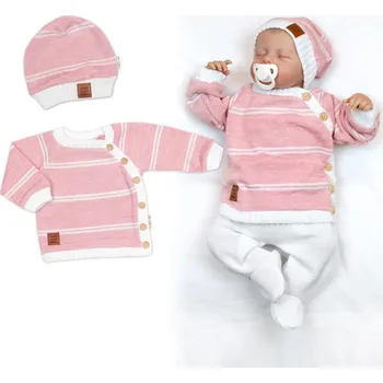 Kojenecká souprava Baby Nellys Pletená sada pro miminko s jemným proužkem 2D, lux - růžová, bílá Velikost: 56 (1-2m)
