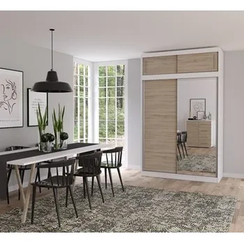 Šatní skříň VISTARIA 05 - šatní skříň s nádstavcem a se zrcadlem korpus BÍLÁ/ dveře DUB SONOMA/zrcadlo (VESTA 05 s lustrem+ NADSTAVKA Upper =5BALÍKŮ) - ŠATNÍ SKŘÍŇ 150 - 2 dvéřová (IZ) (K150)