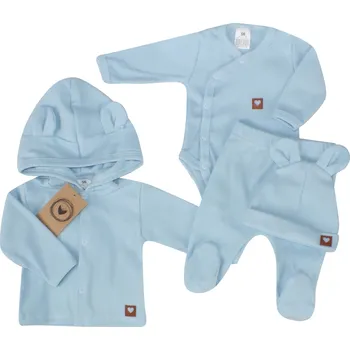 Kojenecká souprava Sada do porodnice 4D, žebrovaná, body, polodupačky, kabátek a čepička, modrá Velikost: 62 (2-3m)