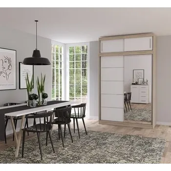 Šatní skříň VISTARIA 05 - šatní skříň s nádstavcem a se zrcadlem korpus DUB SONOMA/ dveře BÍLÁ/zrcadlo (VESTA 05 s lustrem+ NADSTAVKA Upper = 5 BALÍKŮ) - ŠATNÍ SKŘÍŇ 150 - 2 dvéřová (IZ) (K150)