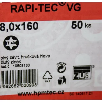 Vrut Vruty RAPI-TEC VG 8x160mm válcová hlava TX40 galvanický zinek