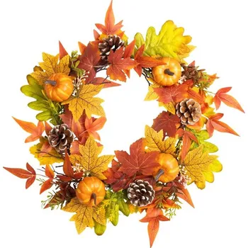 umělá květina Veniec MagicHome Nature, jesenný, oranžový, javorové listy, 40 cm