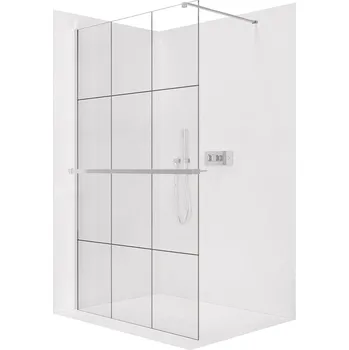 Cerano Sprchová zástěna Walk-in Onyx Cube L/P, 8 mm + polička/držák na ručníky, hranatá vzpěra, chrom, industriální sklo, 90x200 cm, CER-8050BD628