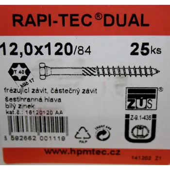 Vrut Vruty RAPI-TEC DUAL 12x120mm šestihranná hlava TX40 galvanick�