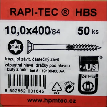 Vrut Vruty RAPI-TEC HBS 10x400mm zápustná hlava TX40 galvanický zi