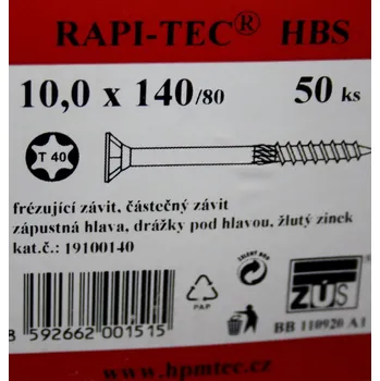 Vrut Vruty RAPI-TEC HBS 10x140mm zápustná hlava TX40 galvanický zi