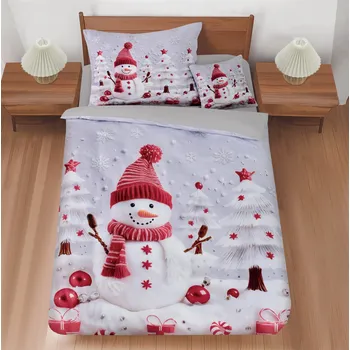 Povlečení 3 dílné Vánoční povlečení Sněhulák se červenou čepičkou bílá 140x200 cm, 70x90 cm, 45x45 cm zip