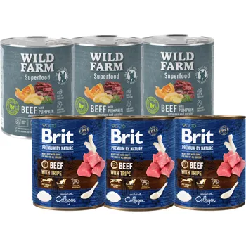 Brit Premium by Nature Beef with Tripe 3x800g + WILD FARM Superfood Beef 3x800g