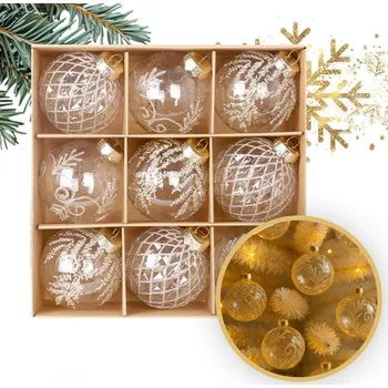 Vánoce Čiré vánoční koule s bílým ozdobením 9 ks, průměr 8 cm