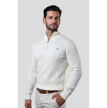 Pánský svetr SVETR GANT COTTON CABLE HALF ZIP CREAM