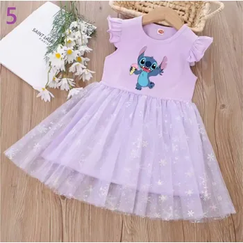 Dívčí šaty Lilo & Stitch Dívčí šaty "Lilo & Stitch" s volánkovým rukávem a třpytivou sukní - fialové Motiv: 5, Velikost: 130