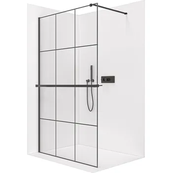 Cerano Sprchová zástěna Walk-in Onyx Cube L/P, 8 mm + polička/držák na ručníky, hranatá vzpěra, černá matná, industriální sklo, 100x200 cm, CER-8050BD474