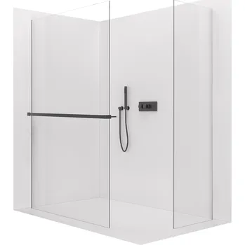 Cerano Sprchová zástěna Walk-in Crystal T L/P, 8 mm, bezvzpěrový systém + polička/držák na ručníky, černá matná, transparentní sklo, 90x80 cm, CER-8050BD6046