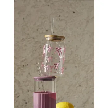 Sinsay - Skleněný hrnek se slámkou a bambusovým víčkem s mašličkami - růžová - 334ES-30X - 334ES-30X-ONE