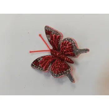 Závěsná dekorace na klip motýl 5cm - červený se třpytky, černé okraje