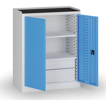 B2B Partner Policová dílenská skříň 2-dveřová, 2 police + 2 zásuvky, 1180 × 950 × 500 mm, modré dveře