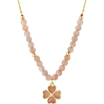 Náramek Pozlacený náramek z mosazi s měsíčními kameny a zirkony - čtyřlístek - AR543-3115