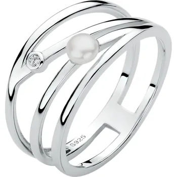 Prsten ANNA PERLY Atraktivní minimalistický stříbrný vícevrstvý prsten s bílou perlou a zirkonem Velikost prstenu: 54, Barva perly: bílá