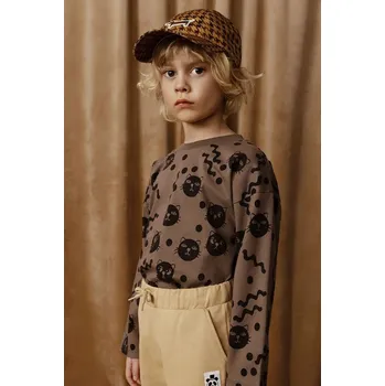 Chlapecké oblečení Dětské bavlněné tričko s dlouhým rukávem Mini Rodini Squiggly cats hnědá barva, 2512011316 88X, vel. 80-86