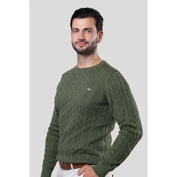 Pánský svetr SVETR GANT COTTON CABLE C-NECK MOSS GREEN