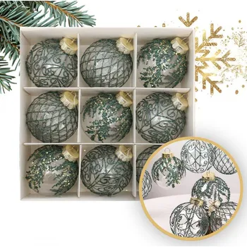 Vánoce Čiré vánoční koule se zeleným ozdobením 9 ks, průměr 8 cm