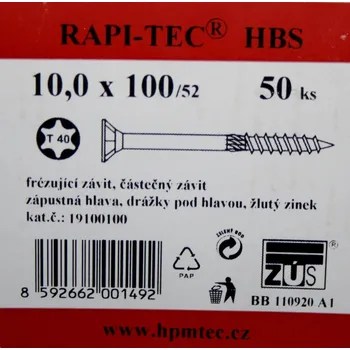 Vrut Vruty RAPI-TEC HBS 10x100mm zápustná hlava TX40 galvanický zi