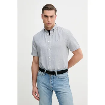 Pánská košile Košile s příměsí lnu Tommy Hilfiger pánská, tmavomodrá barva, regular, s límečkem button-down, MW0MW39155 05A, vel. L