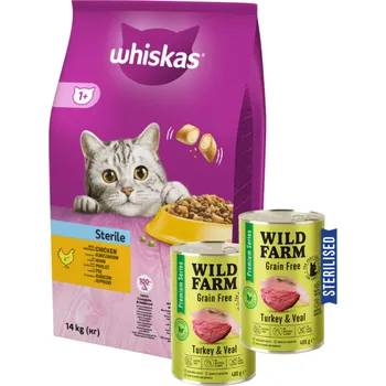Krmivo pro kočku Whiskas Adult Sterile kuře 14 kg + WILD FARM Premium Grain Free Turkey and Teleal 2x400g