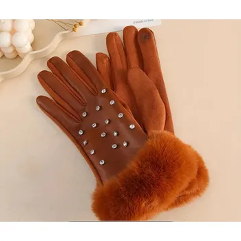 Rukavice BUBLA Kožešinové rukavice s kožíškem a kameny cihlová