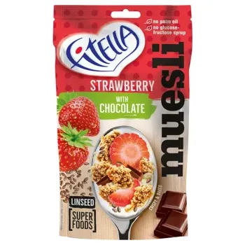 Jahodové muesli s lněným semínkem a čokoládou 50 g