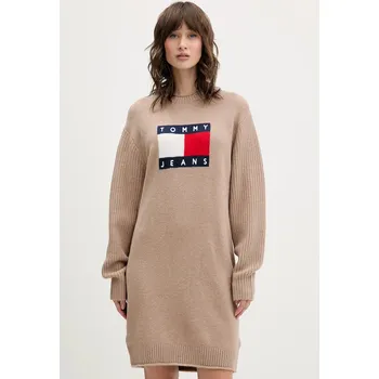 Dámské šaty Šaty z vlněné směsi Tommy Jeans béžová barva, mini, oversize, DW0DW21462 80B, vel. S