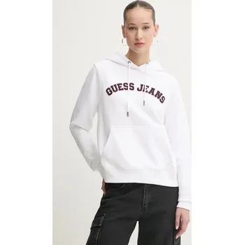 Dámská mikina Bavlněná mikina Guess Jeans dámská, bílá barva, s kapucí, s aplikací, W5RQ17 K68I4 W5RQ17.K68I4 00X, vel. S