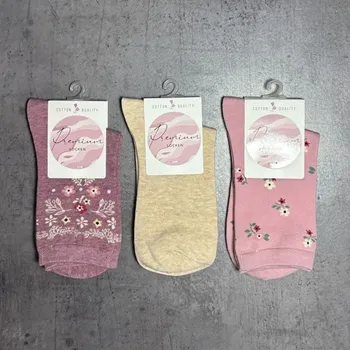 Dámské ponožky Dámské bavlněné ponožky s květinkami 3 páry růžová/béžová 34325 - 39-42 | P699751