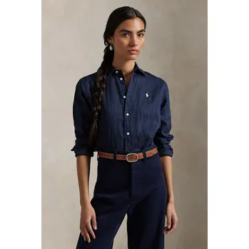 Pánská košile Lněná košile Polo Ralph Lauren tmavomodrá barva, regular, s klasickým límcem, 211970730 59X, vel. M