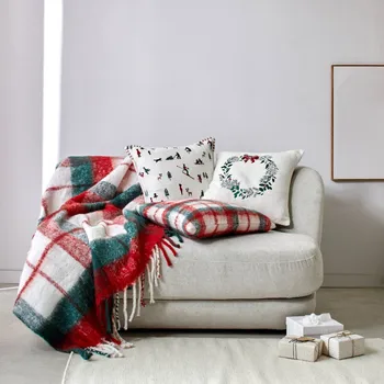 Potah na židli Blancheporte Hebký kostkovaný pléd s třásněmi režná/červená/zelená