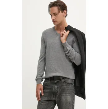 Pánský svetr Vlněný svetr HUGO San Vredo-M pánský, šedá barva, lehký 50474172 90A, vel. M