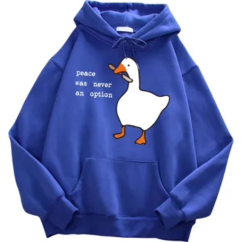 Pánská mikina Pánská mikina s kapucí a kapsami Jednobarevná mikina s potiskem kachny s nožem a nápisem Peace Was Never an Option Stylový polyesterový model modrá S