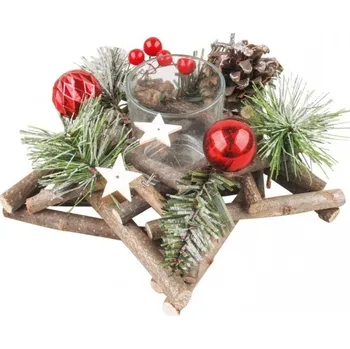 Dřevěný svícen ve tvaru hvězdy s červenými doplňky 20 cm