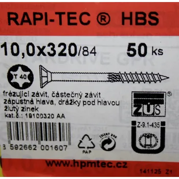 Vrut Vruty RAPI-TEC HBS 10x320mm zápustná hlava TX40 galvanický zi