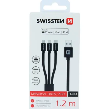 Datový kabel Swissten textile 3v1 1,2 m černý