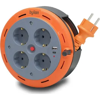 Prodlužovací kabel Kompaktní kazetový rolovací prodlužovací kabelový, 5m kabel se 4 zásuvkami IP20 + USB + tepelná pojistka +dětská pojistka, 3x1mm2, SCHUKO typ uzemnění , PHE-05310-F-USB