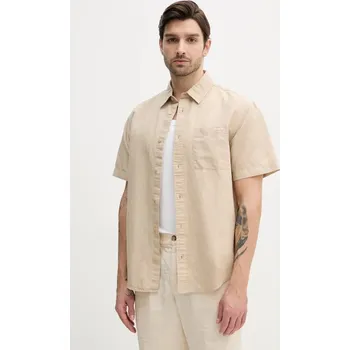 Pánská košile Lněná košile Calvin Klein Jeans pánská, béžová barva, regular, s klasickým límcem, J30J327296 80X, vel. L