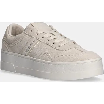 Pánské tenisky Semišové sneakers boty Tommy Jeans THE GREENWICH FLATFORM ELEVATED béžová barva, EN0EN02676 01X, EUR 41