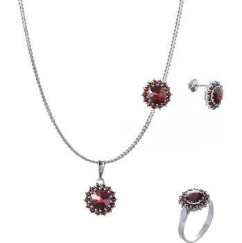 Souprava šperků Stříbrný set šperků 376 s českým granátem, rhodiovaný - květina Velikost: 56, Zapínání: puzeta, Délka řetízku: 50 cm