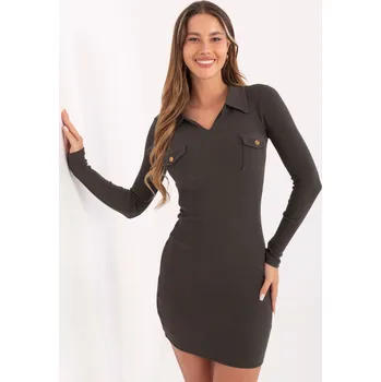 Dámské šaty Khaki přiléhavé žebrované mini šaty s výstřihem RV-SK-7435.38-khaki Velikost: M