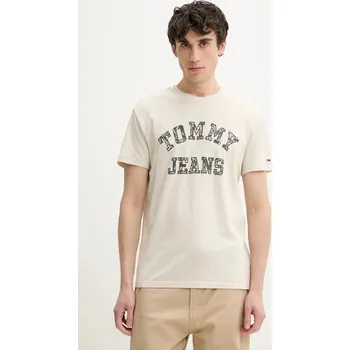 Pánské tričko Bavlněné tričko Tommy Jeans béžová barva, s potiskem, DM0DM20773 01X, vel. XXL